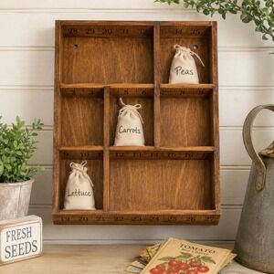 VTG Wooden Wall Organizer Seed Storage Tray Primitive Farmhouse Ruler Box Decor